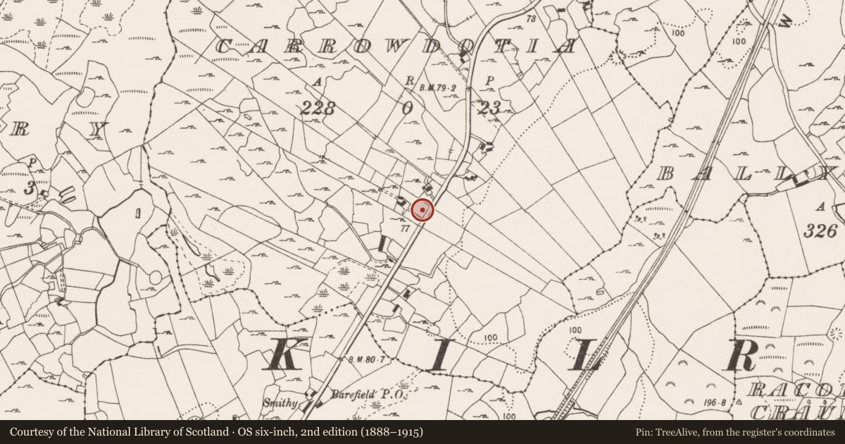 Ordnance Survey six-inch map, 2nd edition (1888–1915) covering the location of Enclosure, Carrowdotia, County Clare, with a pin at the register's coordinates