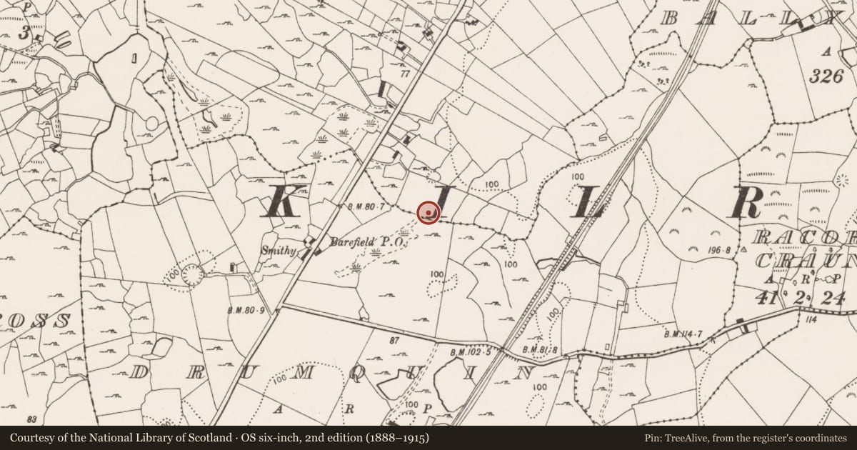 Ordnance Survey six-inch map, 2nd edition (1888–1915) covering the location of Burnt mound, Carrowdotia, County Clare, with a pin at the register's coordinates