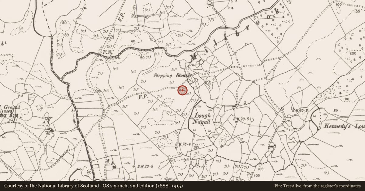 Ordnance Survey six-inch map, 2nd edition (1888–1915) covering the location of Ringfort - cashel, Curraderra, County Clare, with a pin at the register's coordinates