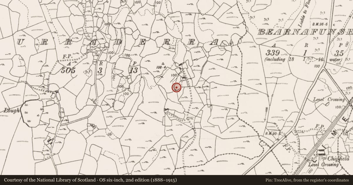 Ordnance Survey six-inch map, 2nd edition (1888–1915) covering the location of Hut site, Curraderra, County Clare, with a pin at the register's coordinates