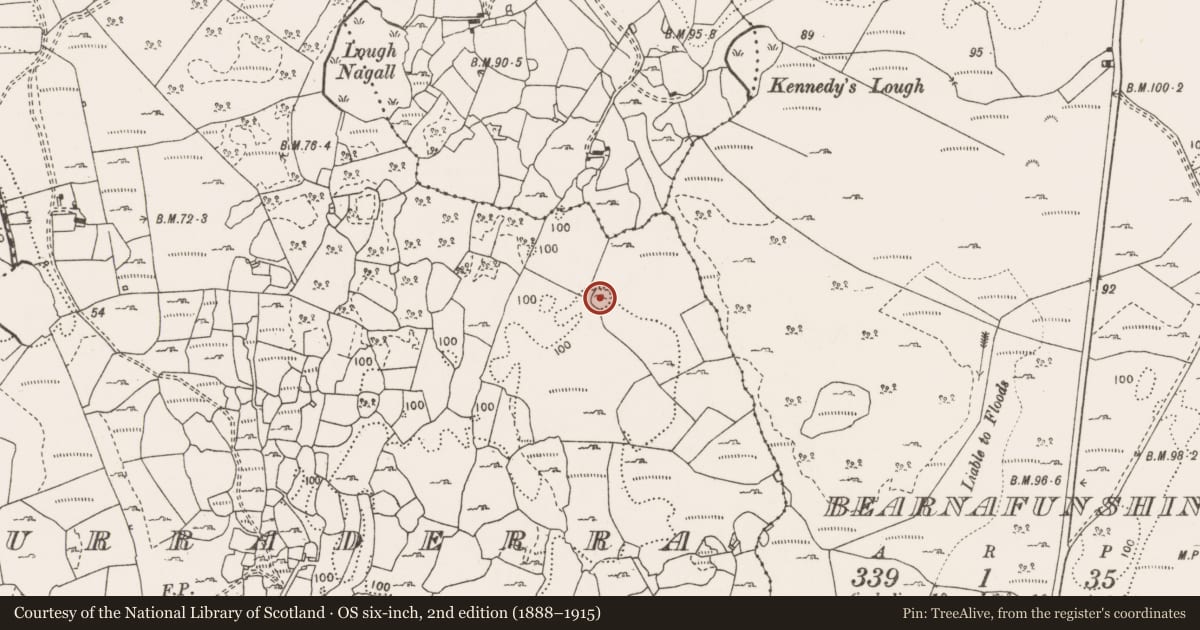 Ordnance Survey six-inch map, 2nd edition (1888–1915) covering the location of Ringfort - cashel, Curraderra, County Clare, with a pin at the register's coordinates