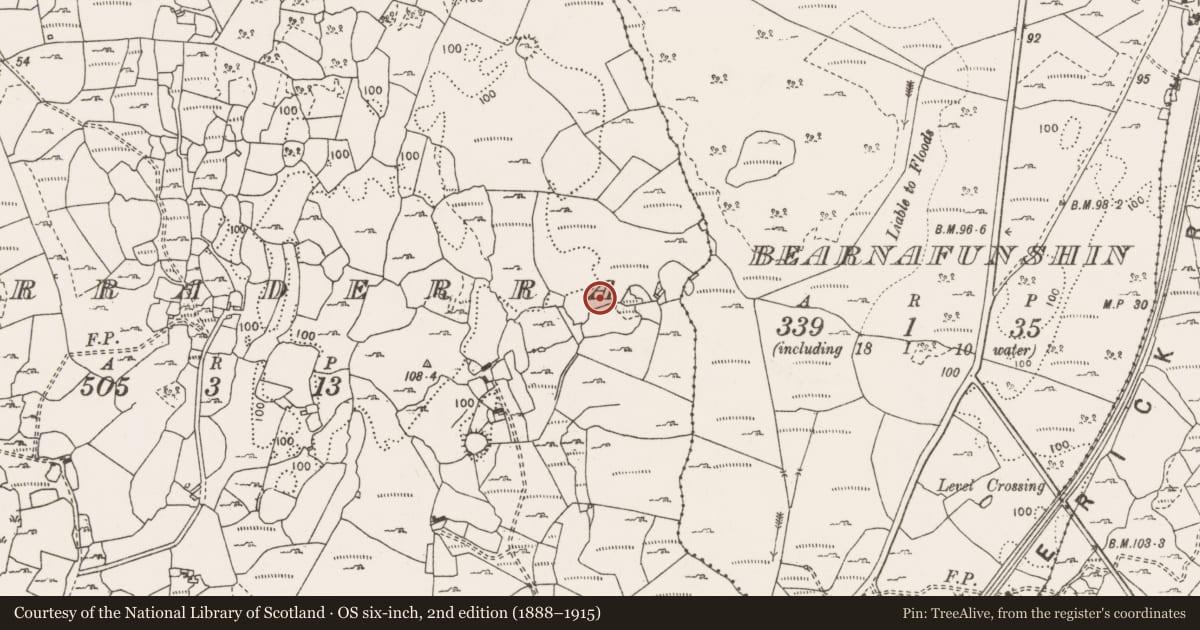 Ordnance Survey six-inch map, 2nd edition (1888–1915) covering the location of Earthwork, Curraderra, County Clare, with a pin at the register's coordinates