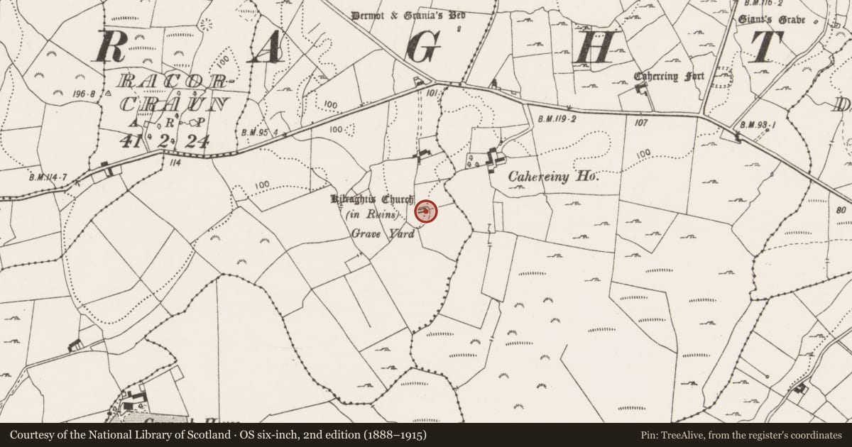 Ordnance Survey six-inch map, 2nd edition (1888–1915) covering the location of Church, Ballymaconna, County Clare, with a pin at the register's coordinates