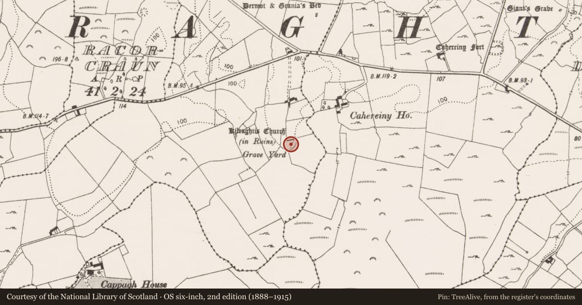Ordnance Survey six-inch map, 2nd edition (1888–1915) covering the location of Graveyard, Ballymaconna, County Clare, with a pin at the register's coordinates