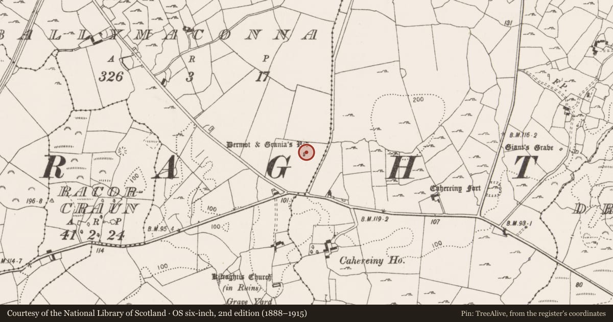 Ordnance Survey six-inch map, 2nd edition (1888–1915) covering the location of Megalithic tomb - wedge tomb, Ballymaconna, County Clare, with a pin at the register's coordinates