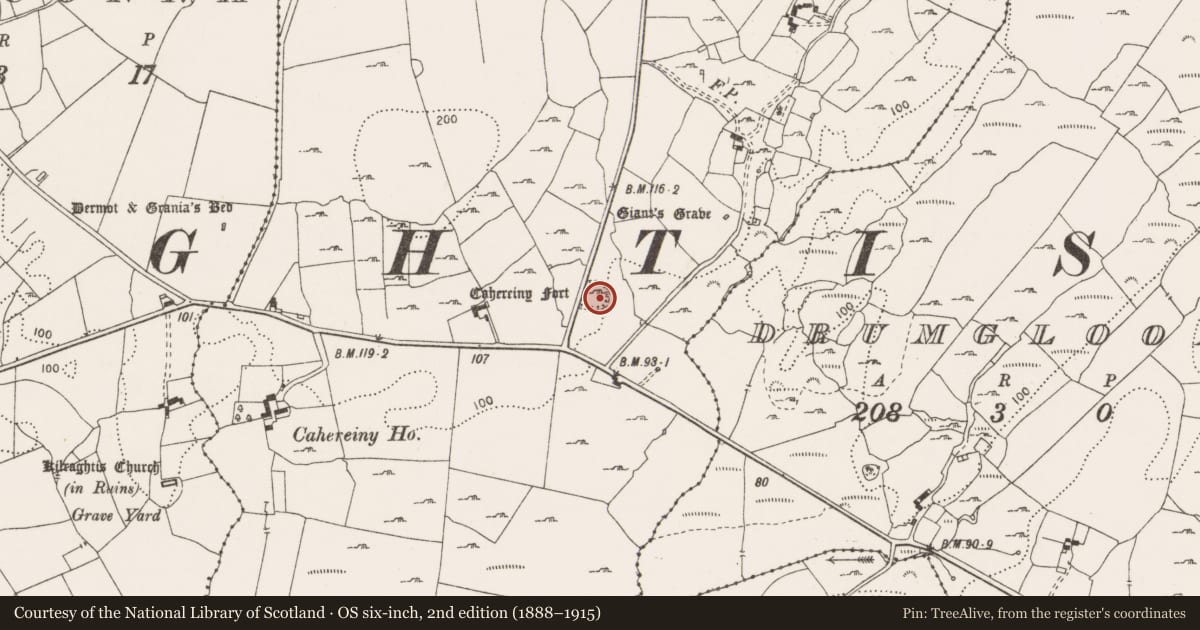 Ordnance Survey six-inch map, 2nd edition (1888–1915) covering the location of Souterrain, Ballyogan, County Clare, with a pin at the register's coordinates