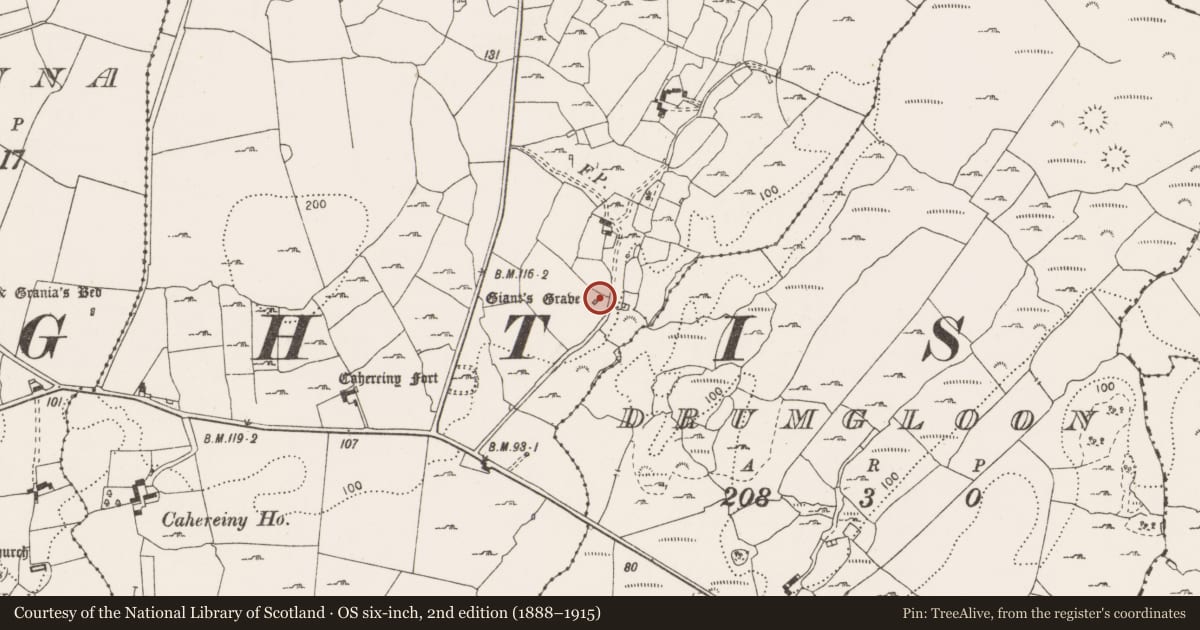 Ordnance Survey six-inch map, 2nd edition (1888–1915) covering the location of Megalithic tomb - wedge tomb, Ballyogan, County Clare, with a pin at the register's coordinates