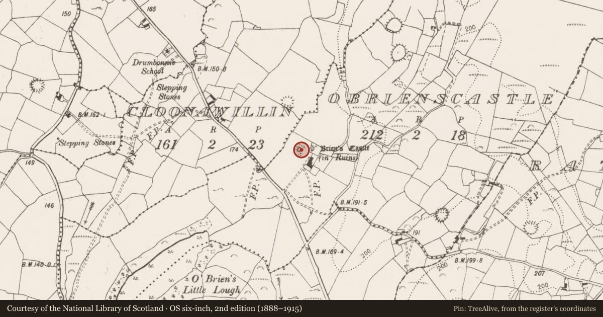Ordnance Survey six-inch map, 2nd edition (1888–1915) covering the location of Castle - tower house, O'Brienscastle, County Clare, with a pin at the register's coordinates