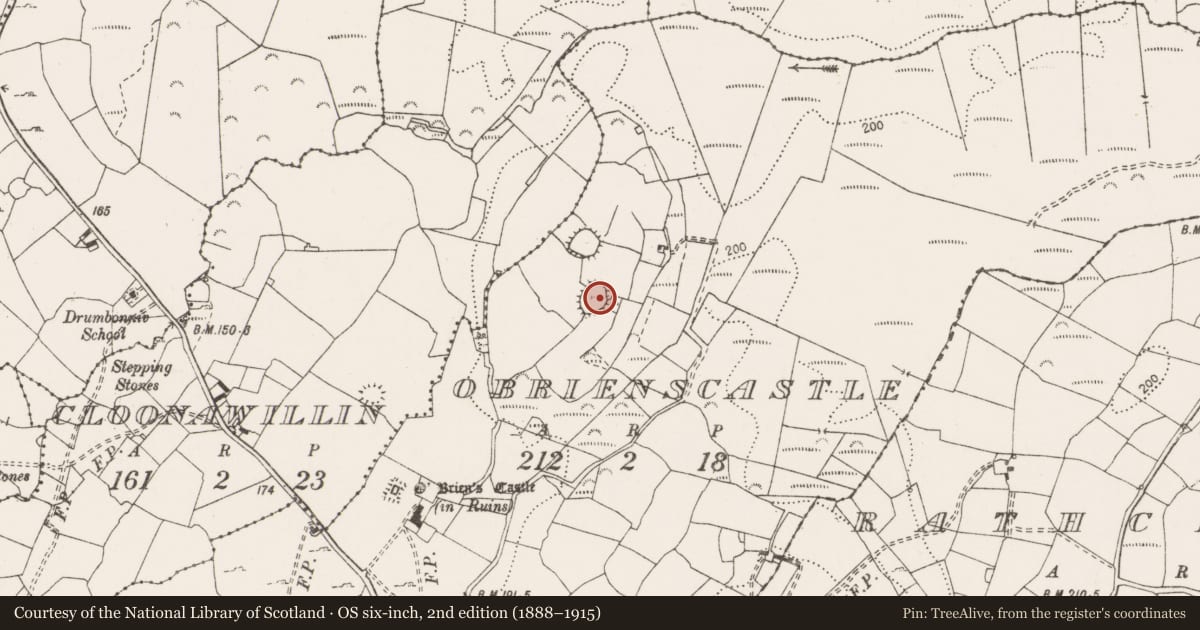 Ordnance Survey six-inch map, 2nd edition (1888–1915) covering the location of Ringfort - rath, O'Brienscastle, County Clare, with a pin at the register's coordinates