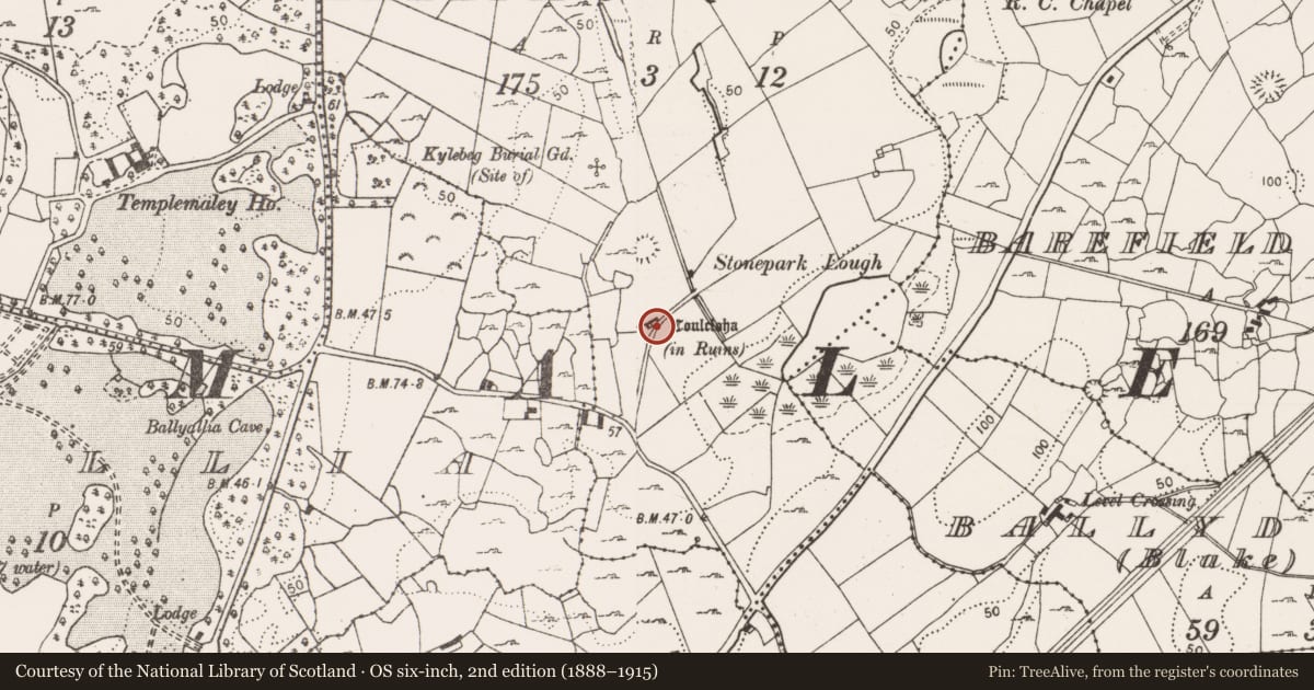 Ordnance Survey six-inch map, 2nd edition (1888–1915) covering the location of House - 17th century, Ballymulqueeny, County Clare, with a pin at the register's coordinates