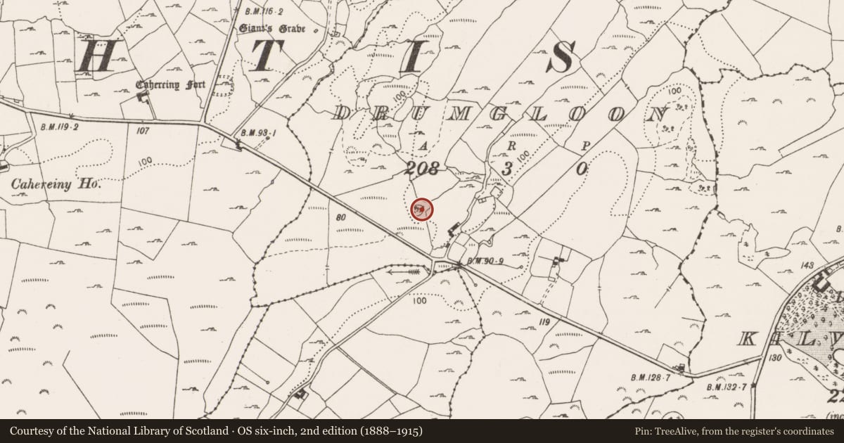 Ordnance Survey six-inch map, 2nd edition (1888–1915) covering the location of Earthwork, Drumgloon, County Clare, with a pin at the register's coordinates