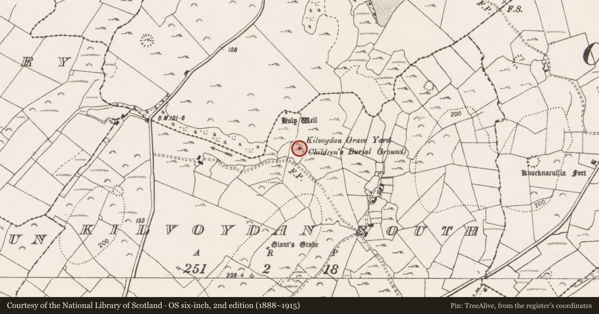 Ordnance Survey six-inch map, 2nd edition (1888–1915) covering the location of Children's burial ground, Kilvoydan South, County Clare, with a pin at the register's coordinates