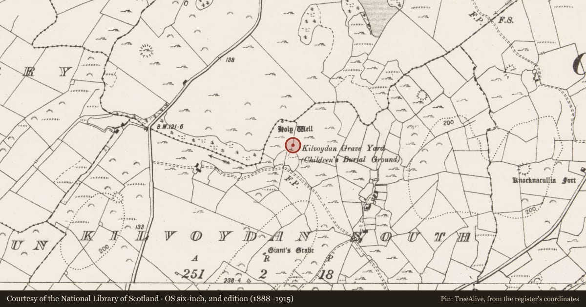 Ordnance Survey six-inch map, 2nd edition (1888–1915) covering the location of Ecclesiastical enclosure, Kilvoydan South, County Clare, with a pin at the register's coordinates