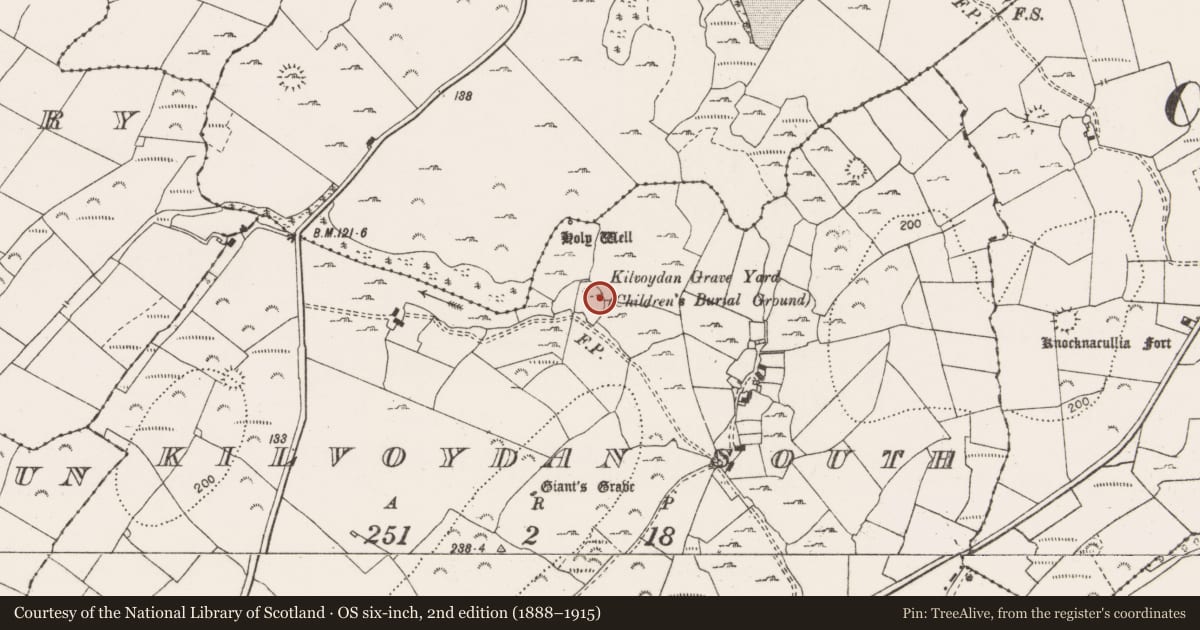 Ordnance Survey six-inch map, 2nd edition (1888–1915) covering the location of Church, Kilvoydan South, County Clare, with a pin at the register's coordinates