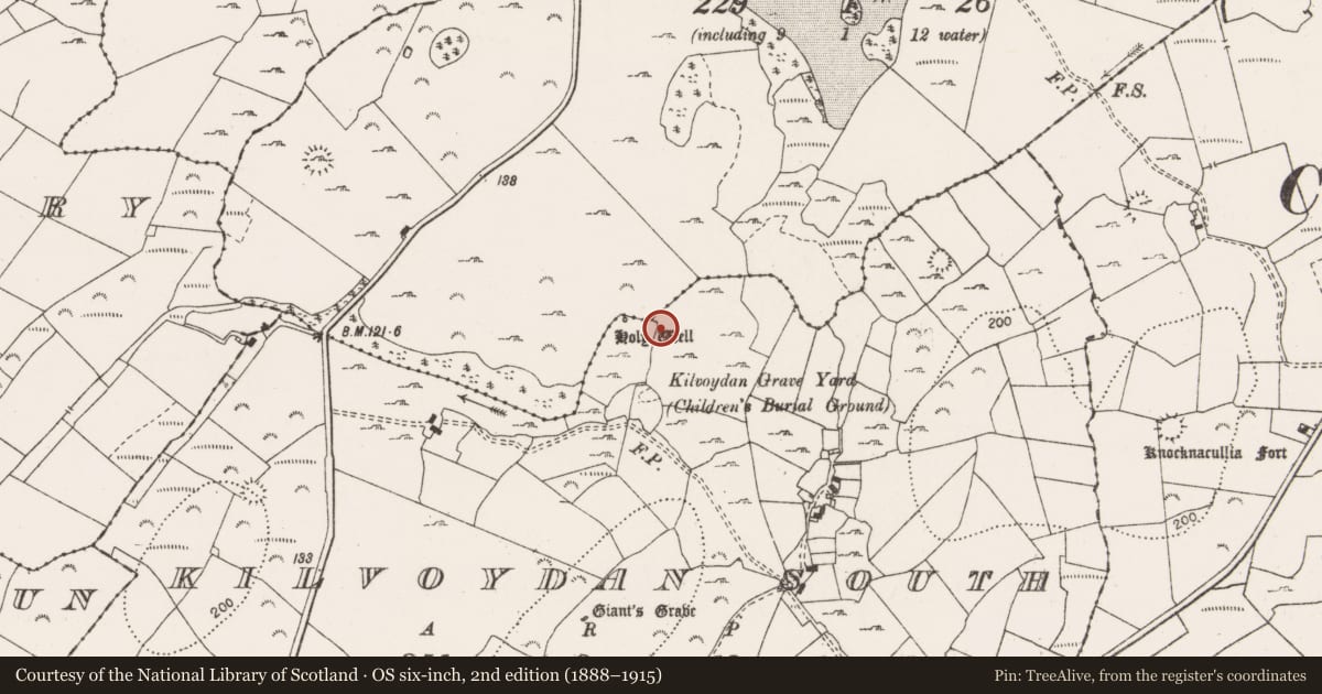 Ordnance Survey six-inch map, 2nd edition (1888–1915) covering the location of Ritual site - holy well, Kilvoydan South, County Clare, with a pin at the register's coordinates