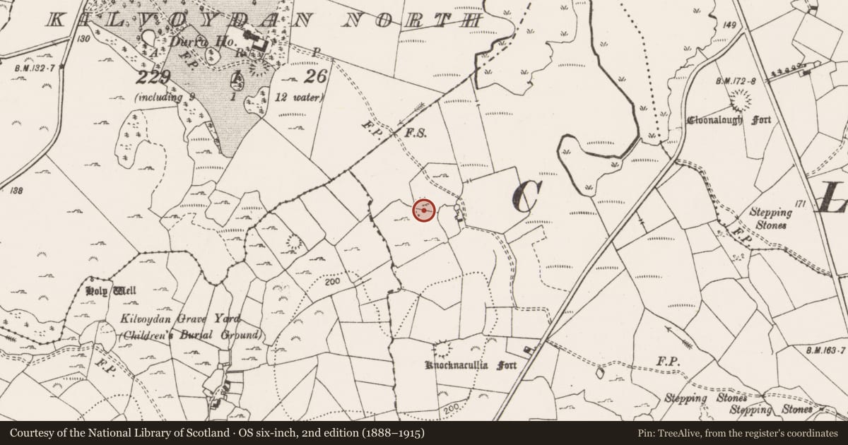 Ordnance Survey six-inch map, 2nd edition (1888–1915) covering the location of Earthwork, Knockanoura, County Clare, with a pin at the register's coordinates