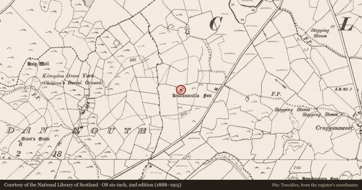 Ordnance Survey six-inch map, 2nd edition (1888–1915) covering the location of Ringfort - rath, Knockanoura, County Clare, with a pin at the register's coordinates