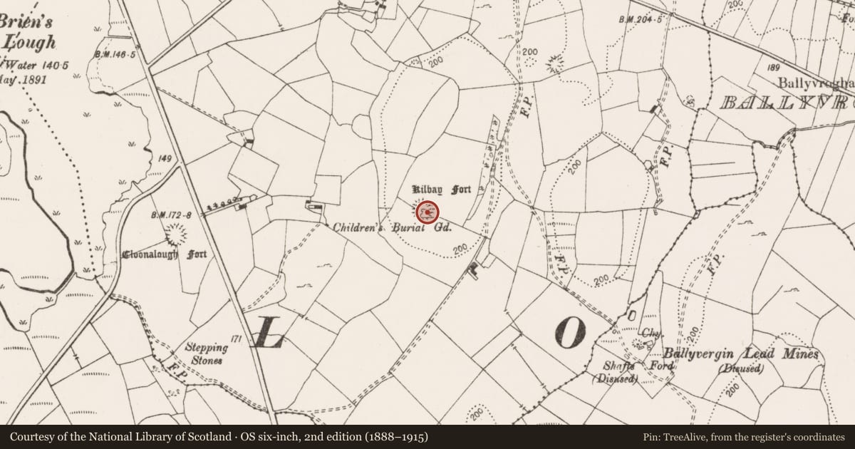 Ordnance Survey six-inch map, 2nd edition (1888–1915) covering the location of Ringfort - rath, Rathclooney, County Clare, with a pin at the register's coordinates