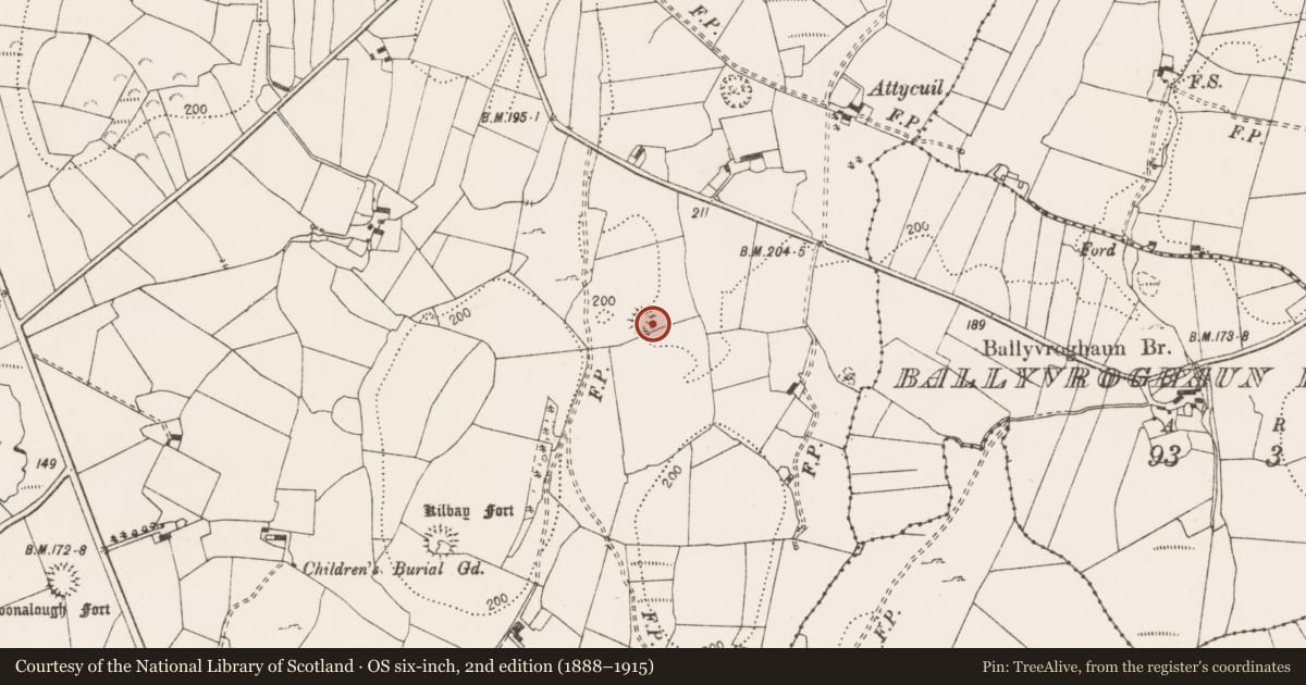 Ordnance Survey six-inch map, 2nd edition (1888–1915) covering the location of Ringfort - rath, Rathclooney, County Clare, with a pin at the register's coordinates