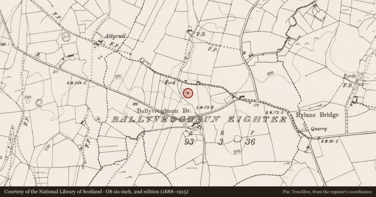 Ordnance Survey six-inch map, 2nd edition (1888–1915) covering the location of Earthwork, Ballyvroghaun Eighter, County Clare, with a pin at the register's coordinates