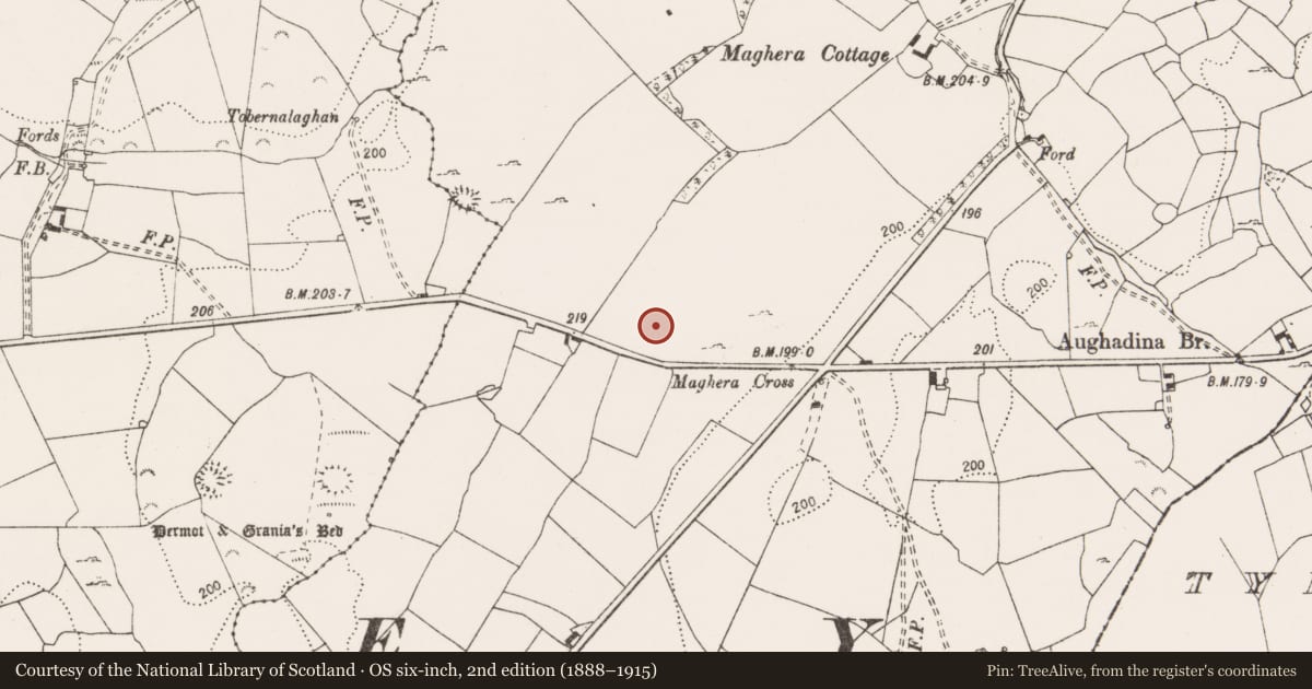 Ordnance Survey six-inch map, 2nd edition (1888–1915) covering the location of Souterrain, Maghera, County Clare, with a pin at the register's coordinates