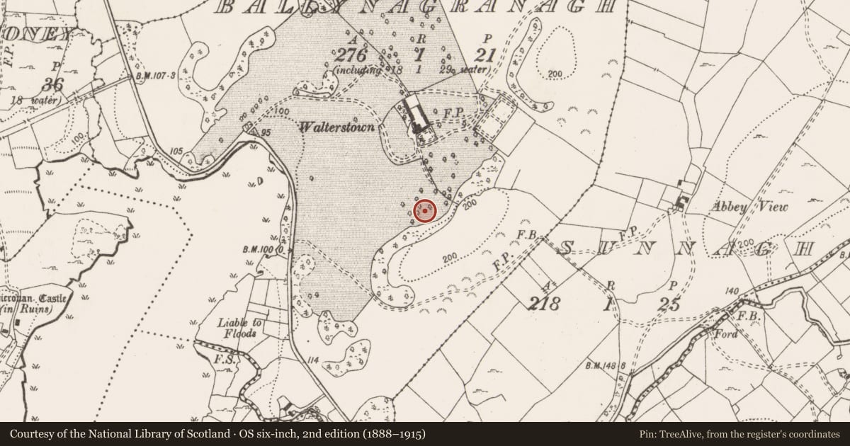 Ordnance Survey six-inch map, 2nd edition (1888–1915) covering the location of Fulacht fia, Ballynagranagh, County Clare, with a pin at the register's coordinates