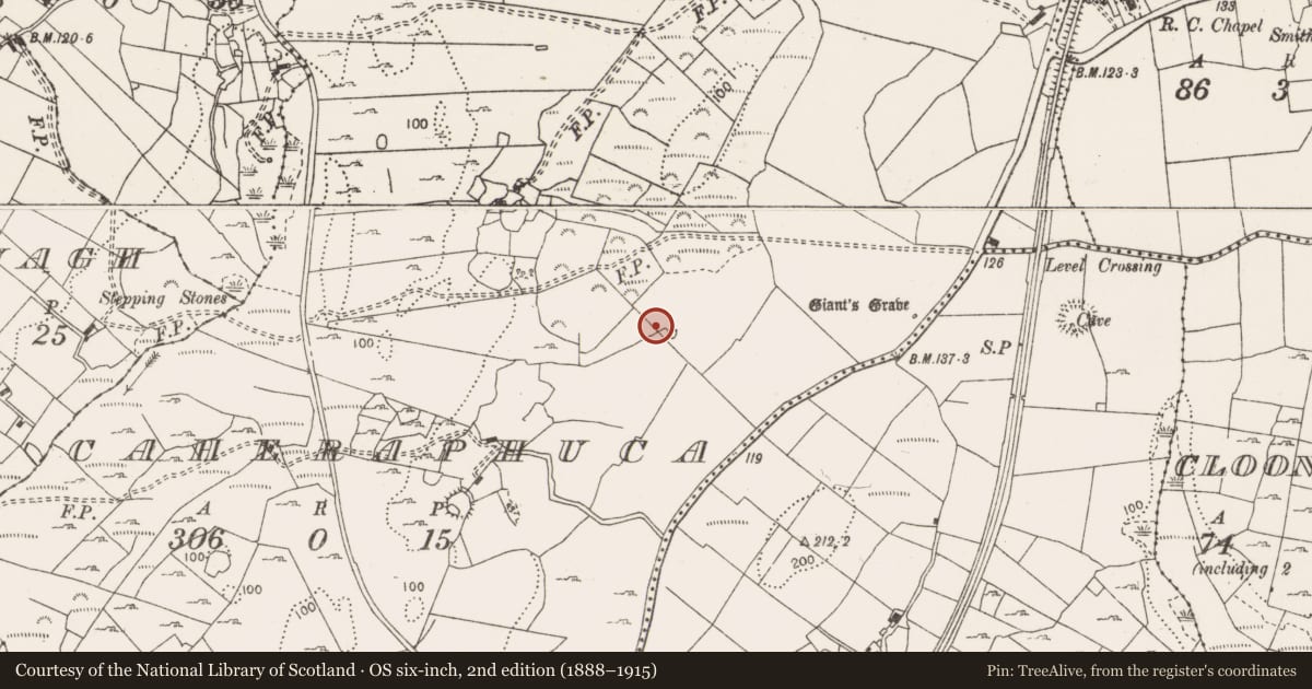 Ordnance Survey six-inch map, 2nd edition (1888–1915) covering the location of Fulacht fia, Caheraphuca, County Clare, with a pin at the register's coordinates