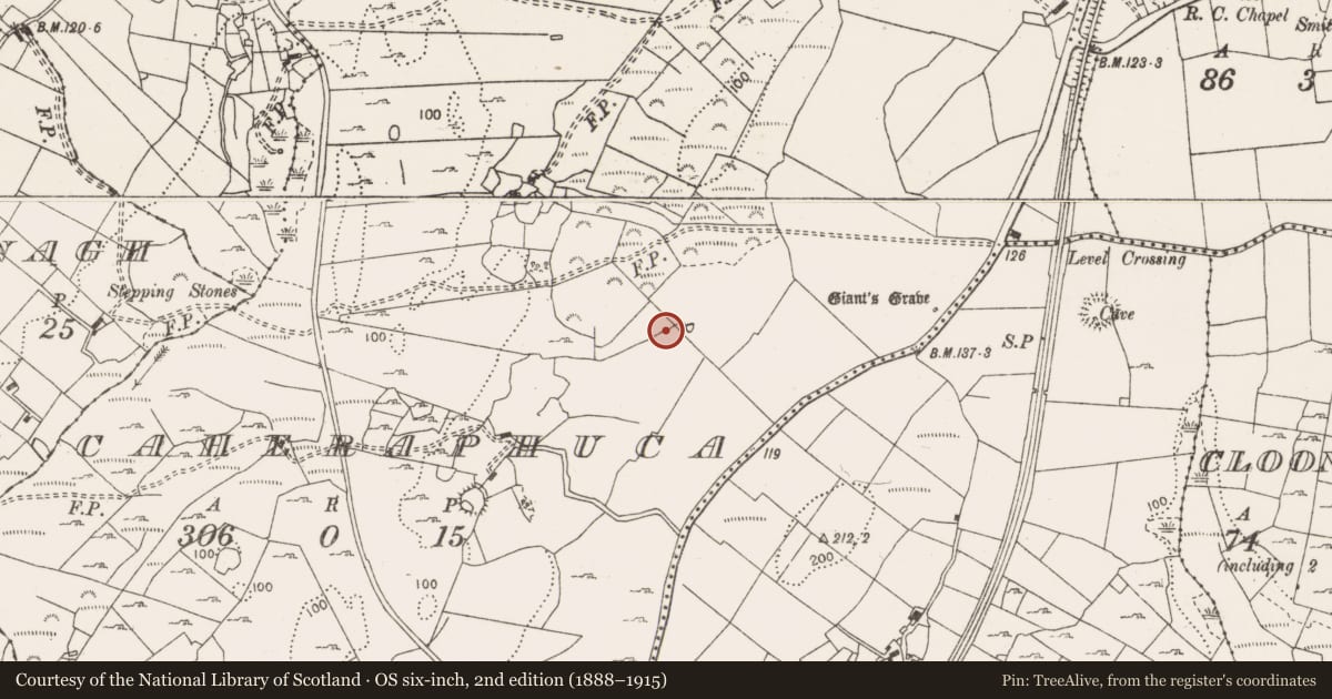 Ordnance Survey six-inch map, 2nd edition (1888–1915) covering the location of Fulacht fia, Caheraphuca, County Clare, with a pin at the register's coordinates