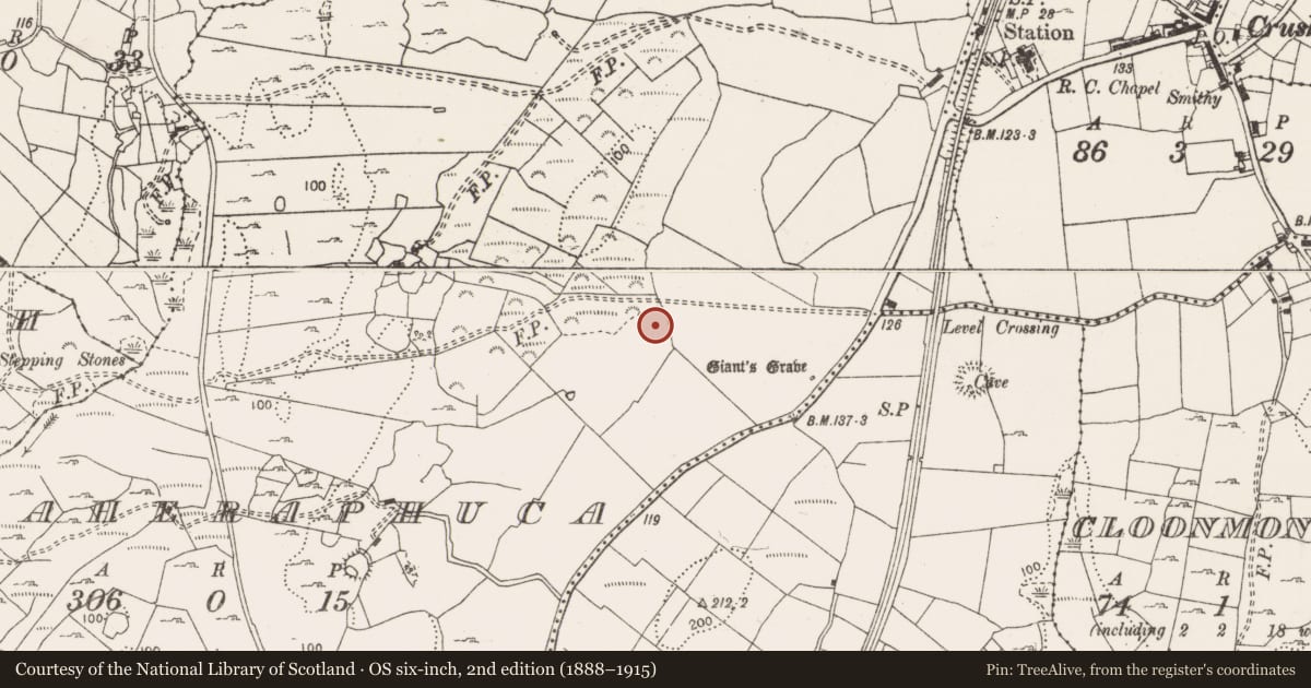 Ordnance Survey six-inch map, 2nd edition (1888–1915) covering the location of Burnt mound, Caheraphuca, County Clare, with a pin at the register's coordinates