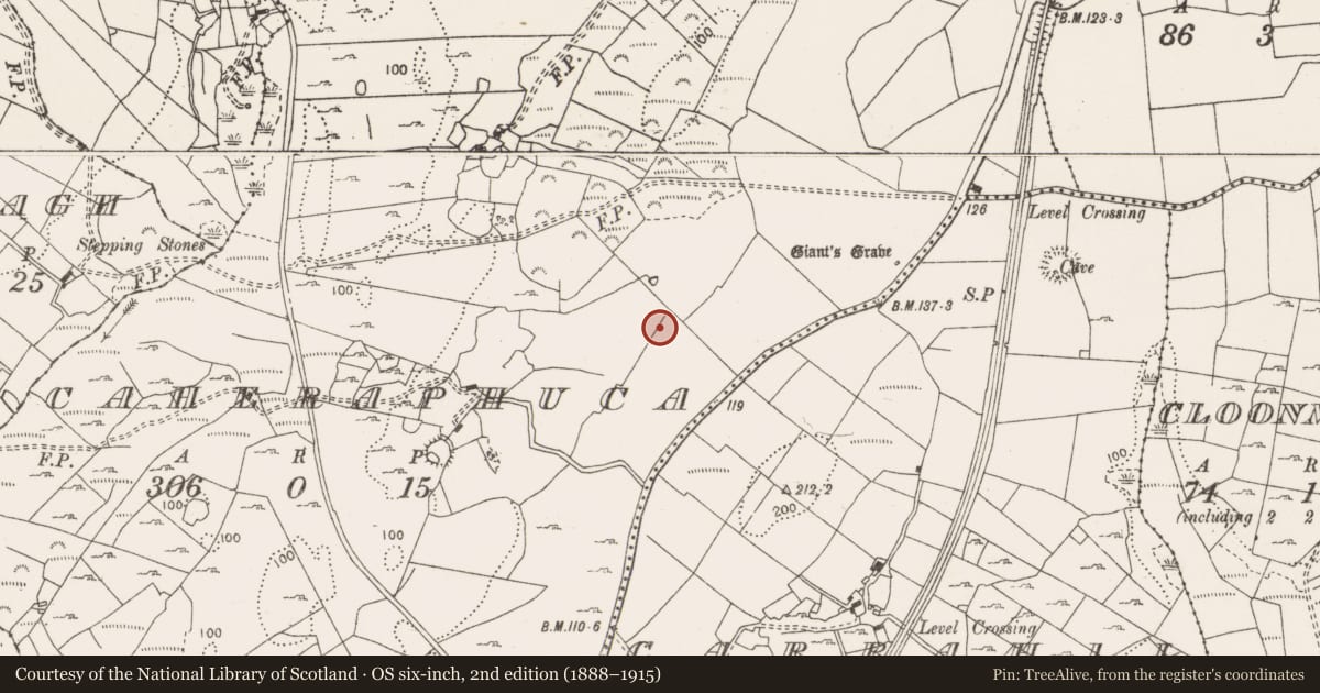 Ordnance Survey six-inch map, 2nd edition (1888–1915) covering the location of Fulacht fia, Caheraphuca, County Clare, with a pin at the register's coordinates
