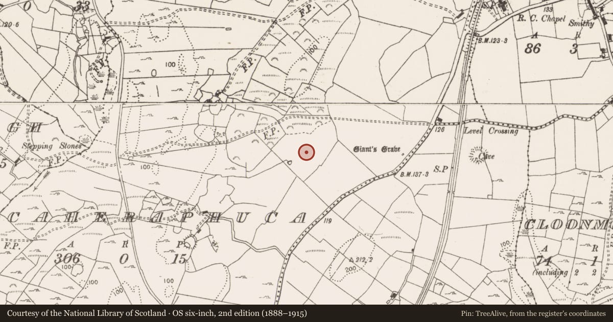 Ordnance Survey six-inch map, 2nd edition (1888–1915) covering the location of Burnt mound, Caheraphuca, County Clare, with a pin at the register's coordinates