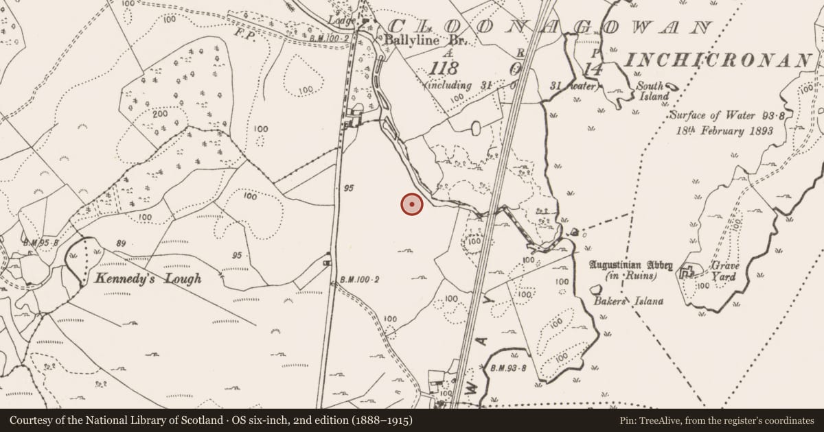 Ordnance Survey six-inch map, 2nd edition (1888–1915) covering the location of Fulacht fia, Bearnafunshin, County Clare, with a pin at the register's coordinates