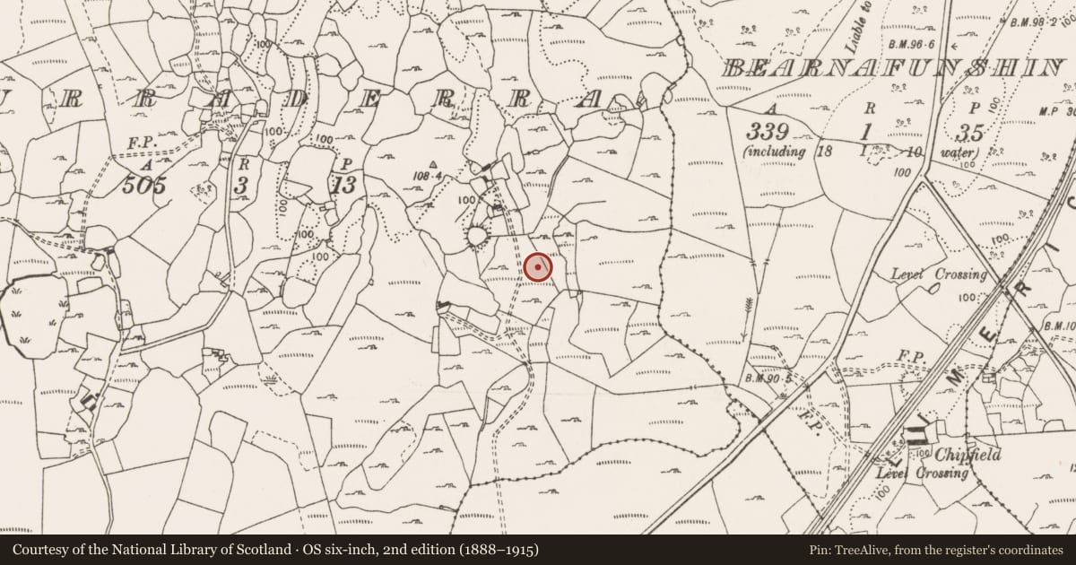 Ordnance Survey six-inch map, 2nd edition (1888–1915) covering the location of Fulacht fia, Curraderra, County Clare, with a pin at the register's coordinates