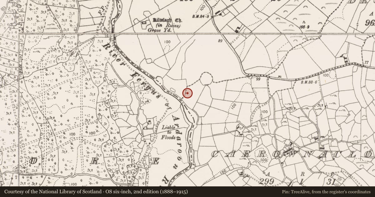 Ordnance Survey six-inch map, 2nd edition (1888–1915) covering the location of Fulacht fia, Carrownacloghy, County Clare, with a pin at the register's coordinates