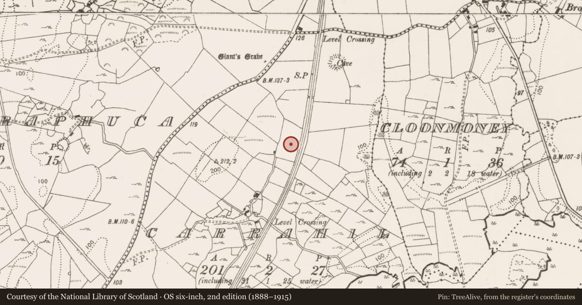 Ordnance Survey six-inch map, 2nd edition (1888–1915) covering the location of Excavation - miscellaneous, Carrahil, County Clare, with a pin at the register's coordinates