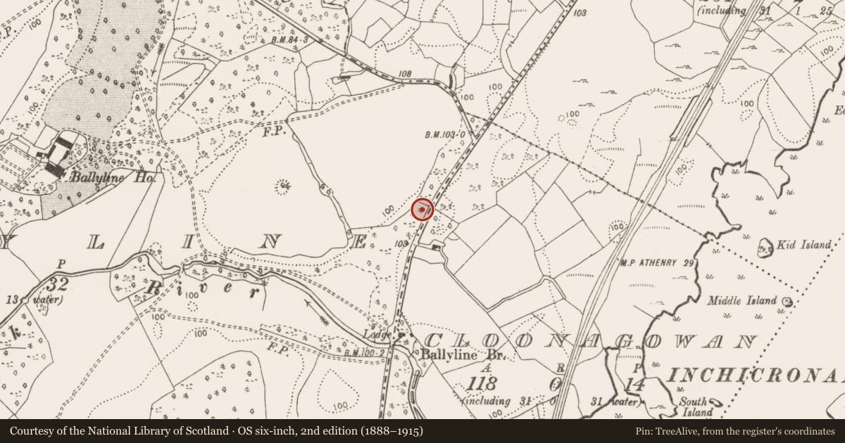 Ordnance Survey six-inch map, 2nd edition (1888–1915) covering the location of Fulacht fia, Ballyline, County Clare, with a pin at the register's coordinates