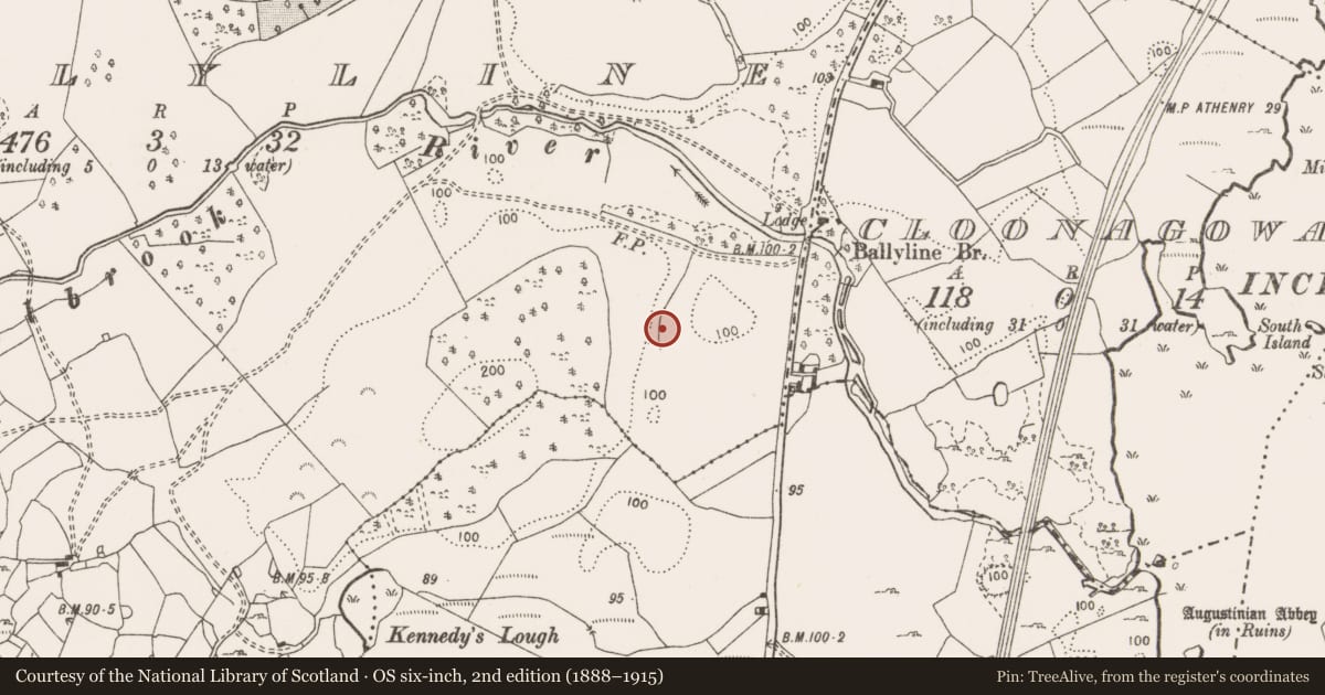 Ordnance Survey six-inch map, 2nd edition (1888–1915) covering the location of Burnt mound, Ballyline, County Clare, with a pin at the register's coordinates