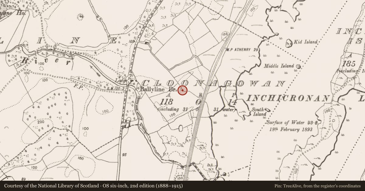 Ordnance Survey six-inch map, 2nd edition (1888–1915) covering the location of Burnt mound, Cloonagowan, County Clare, with a pin at the register's coordinates
