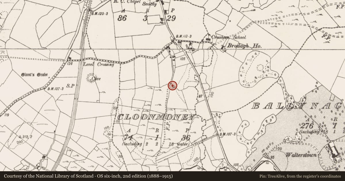 Ordnance Survey six-inch map, 2nd edition (1888–1915) covering the location of Well, Cloonmoney, County Clare, with a pin at the register's coordinates