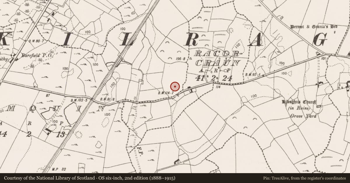 Ordnance Survey six-inch map, 2nd edition (1888–1915) covering the location of Enclosure, Drumquin, County Clare, with a pin at the register's coordinates
