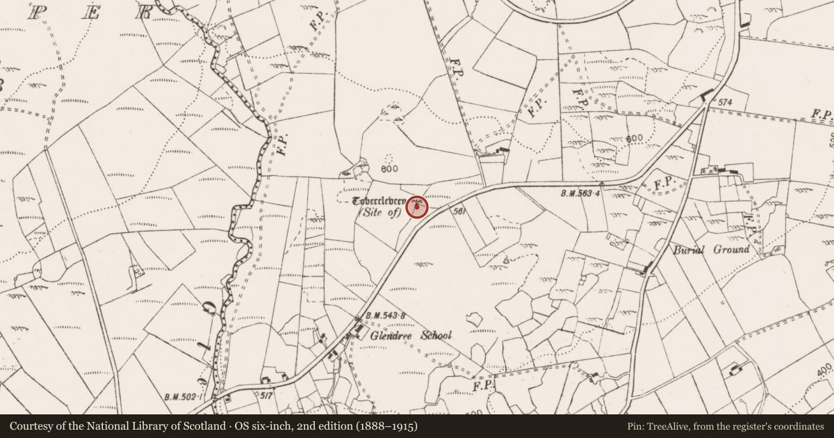 Ordnance Survey six-inch map, 2nd edition (1888–1915) covering the location of Ritual site - holy well, Glendree, County Clare, with a pin at the register's coordinates