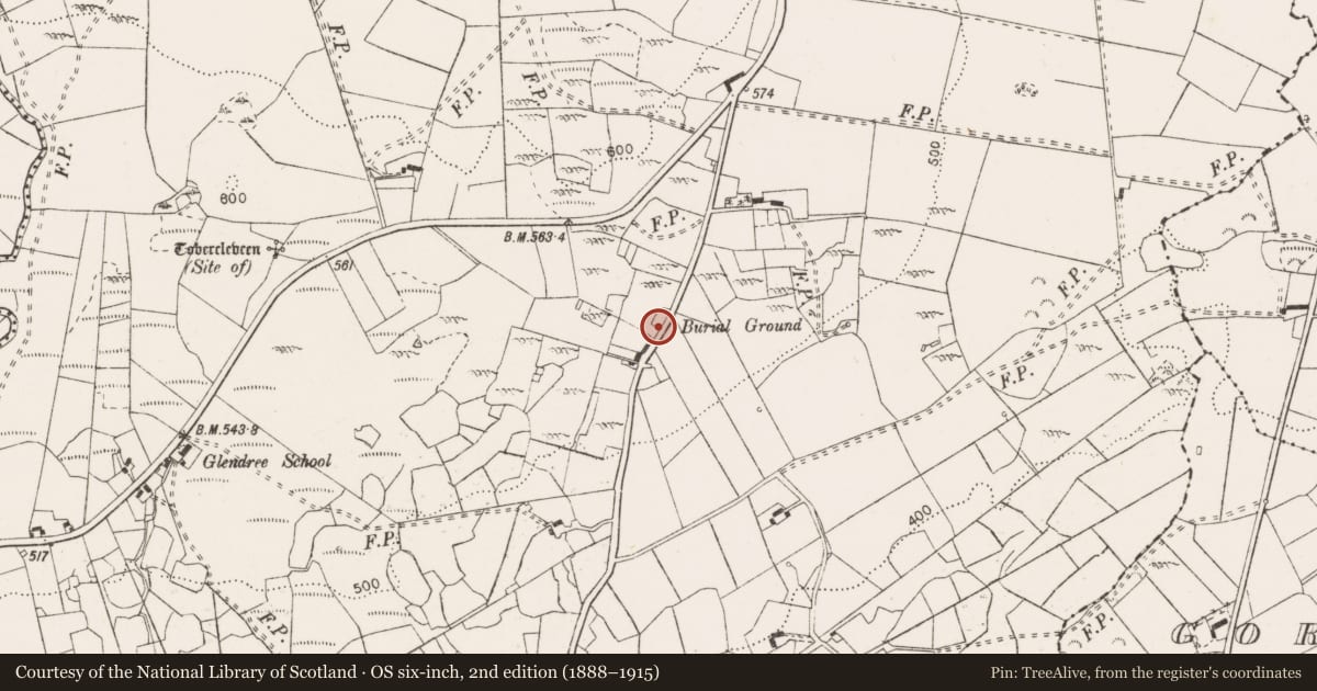 Ordnance Survey six-inch map, 2nd edition (1888–1915) covering the location of Children's burial ground, Glendree, County Clare, with a pin at the register's coordinates