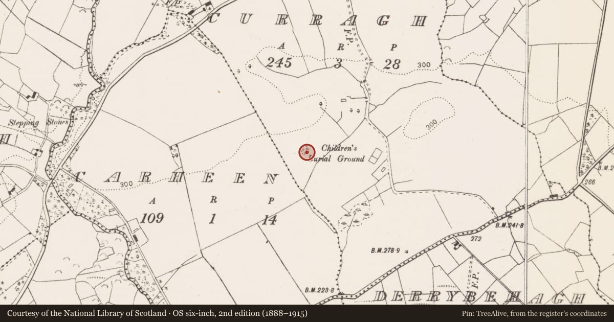 Ordnance Survey six-inch map, 2nd edition (1888–1915) covering the location of Children's burial ground, Curragh, County Clare, with a pin at the register's coordinates