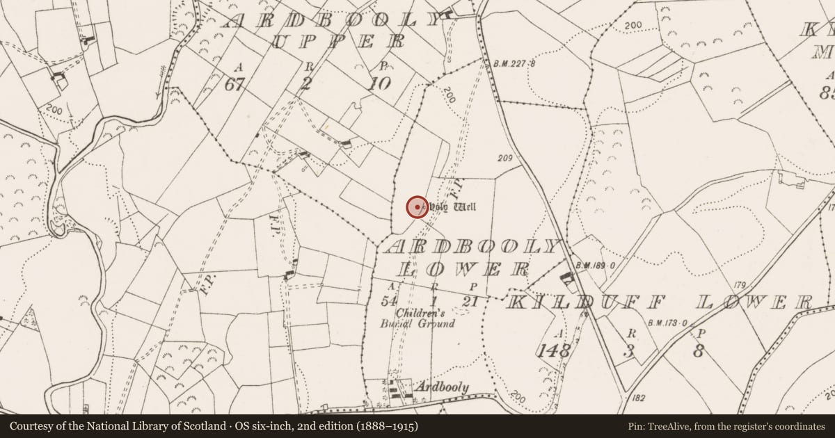 Ordnance Survey six-inch map, 2nd edition (1888–1915) covering the location of Ritual site - holy well, Ardbooly Lower, County Clare, with a pin at the register's coordinates