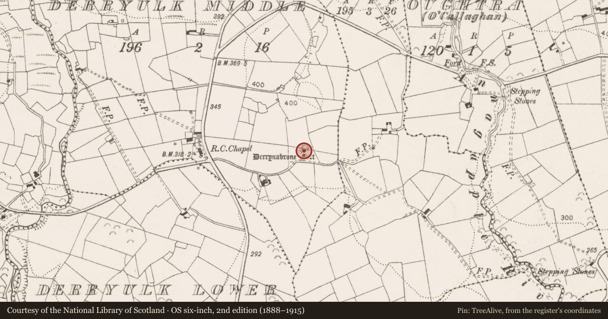 Ordnance Survey six-inch map, 2nd edition (1888–1915) covering the location of Enclosure, Derryulk Middle, County Clare, with a pin at the register's coordinates