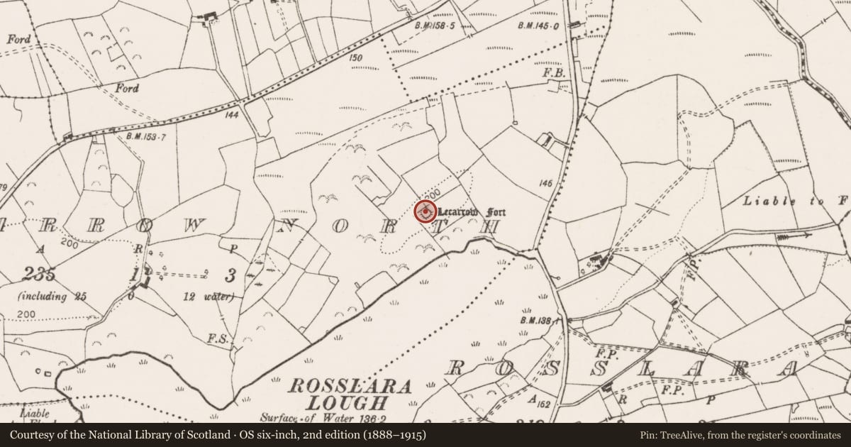 Ordnance Survey six-inch map, 2nd edition (1888–1915) covering the location of Enclosure, Lecarrow North, County Clare, with a pin at the register's coordinates