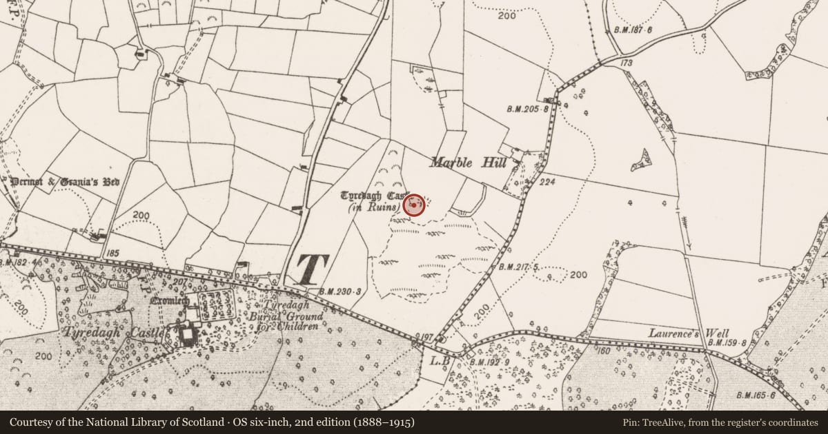 Ordnance Survey six-inch map, 2nd edition (1888–1915) covering the location of Bawn, Tyredagh Upper, County Clare, with a pin at the register's coordinates