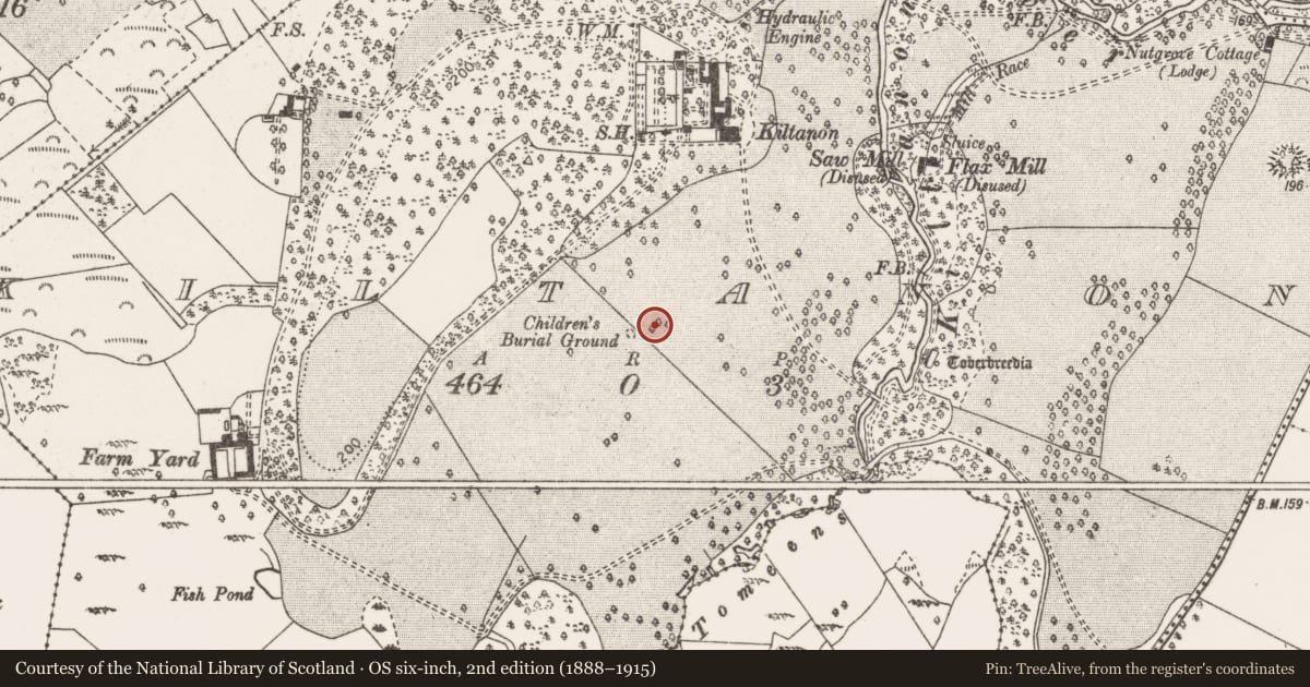 Ordnance Survey six-inch map, 2nd edition (1888–1915) covering the location of Children's burial ground, Kiltanon, County Clare, with a pin at the register's coordinates