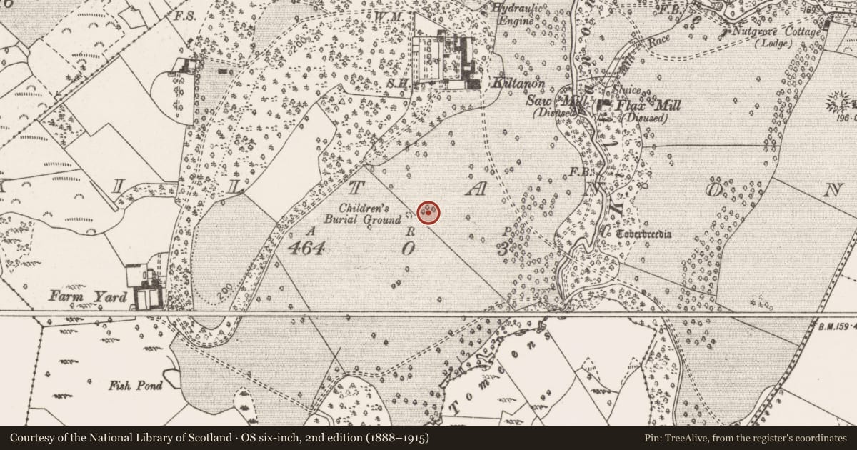 Ordnance Survey six-inch map, 2nd edition (1888–1915) covering the location of Bullaun stone, Kiltanon, County Clare, with a pin at the register's coordinates