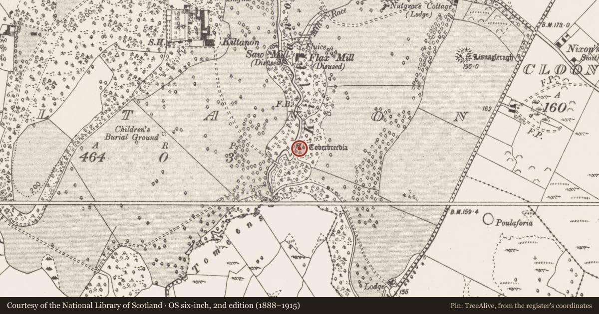 Ordnance Survey six-inch map, 2nd edition (1888–1915) covering the location of Ritual site - holy well, Kiltanon, County Clare, with a pin at the register's coordinates